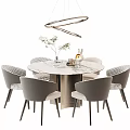 Modern Round Dining Table Set With Marble Top Six Grey Chairs And Chandelier