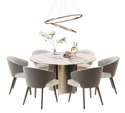 Modern Round Dining Table Set With Marble Top Six Grey Chairs And Chandelier 3d model