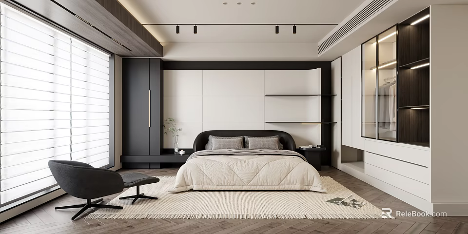 Modern Bedroom Interior Design With King Bed Built in Wardrobe Spotlights And Area Rug 3d model 