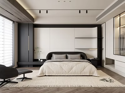 Modern Bedroom Interior Design With King Bed Built in Wardrobe Spotlights And Area Rug 3d model