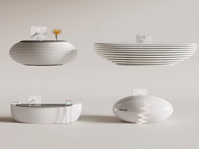 Modern White Reception Desk Designs With Curved Shapes And Striped Details 3d model