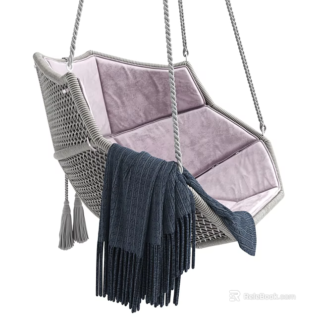 Woven Hanging Chair With Pink Cushion And Dark Blue Tassel Blanket 3d model 