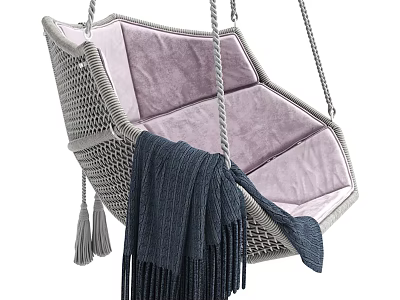Woven Hanging Chair With Pink Cushion And Dark Blue Tassel Blanket 3d model