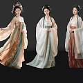 Game Film Characters Three Female In Traditional Ancient Costumes With Elegant Dresses And Hair Accessories