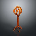 Vintage Wooden Armillary Sphere With Ornate Circular Rings And Tripod Stand
