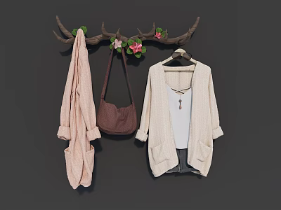 Beige And Pink Cardigans With White Top On Antler Hanger Brown Bag And Pink Flowers 3d model