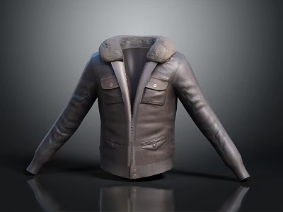 Stylish Leather Jacket With Fur Collar And Functional Pockets For Casual Fashion 3d model