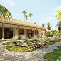 Tropical Garden Landscape With Palm Trees Lawn Stone Path And House