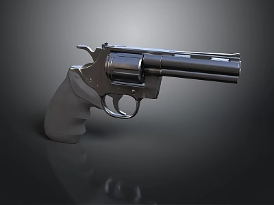 Metallic Revolver Handgun With Gray Grip And Dark Background Reflection 3d model