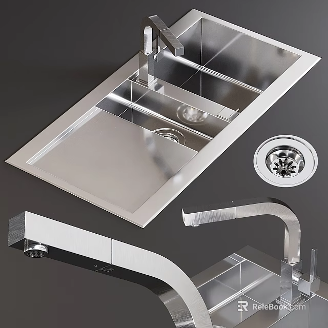 Stainless Steel Kitchen Sink Double Bowl With Faucet And Drain Design 3d model 