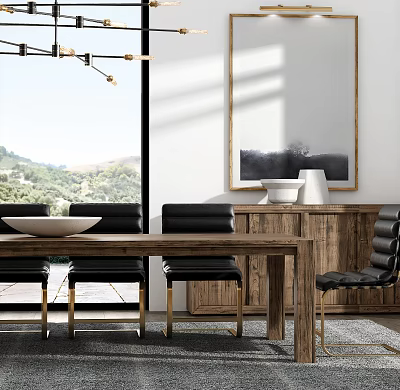Modern Dining Table Set With Black Leather Chairs Wooden Sideboard And Wall Art 3d model