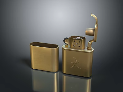 Golden Metallic Lighter With Engraved Fire Character And Matching Sleek Case 3d model