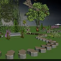 Natural Garden Landscape With Green Lawn Stone Pathway Bench Various Plants Trees And Flower Beds