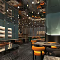 Modern Restaurant Interior With Blue Walls Orange Seats And Marble Tables
