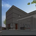 Modern Gray Building Entrance Gate with Stone Portico Columns Trees Pedestrians and Cars