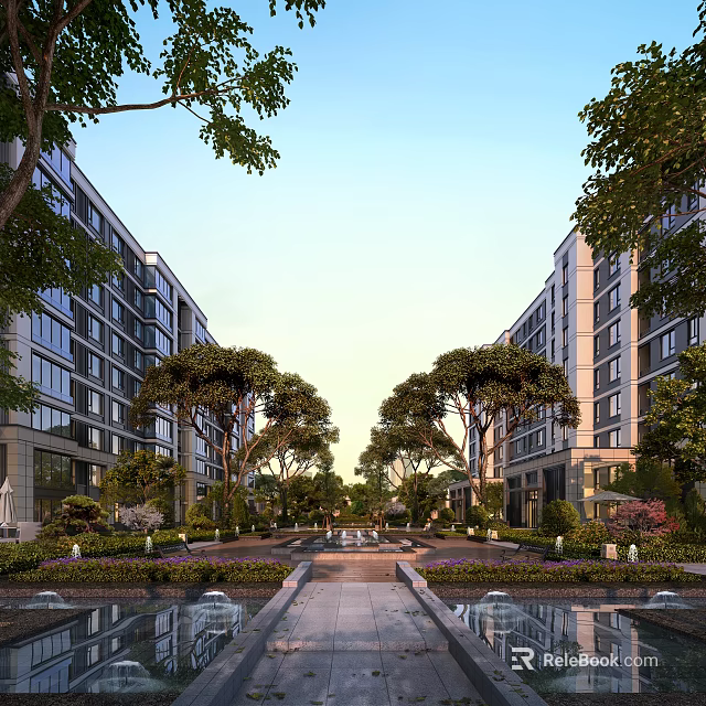 Residential Landscape With Lush Trees Fountains And Flowers Between Buildings 3d model 