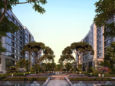 Residential Landscape With Lush Trees Fountains And Flowers Between Buildings 3d model