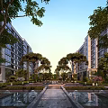 Residential Landscape With Lush Trees Fountains And Flowers Between Buildings