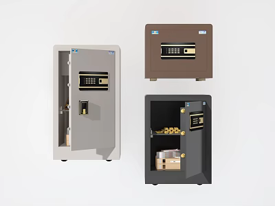 Different Colored Safes With Digital Locks Open Door Showing Coins And Cash 3d model