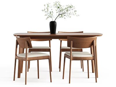 Modern Wooden Dining Table With Four Chairs Light Cushions Black Vase And Green Plants 3d model
