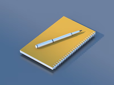 Open Yellow Spiral Notebook With Silver Pen On Blue Background 3d model