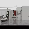 Modern Living And Dining Room Interior With Curved Ceiling Marble Column Sofa Gray Floor