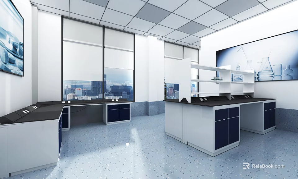 Modern Laboratory Interior Design With Open Layout Lab Benches Cabinets And Large Windows 3d model
