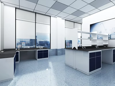 Modern Laboratory Interior Design With Open Layout Lab Benches Cabinets And Large Windows 3d model