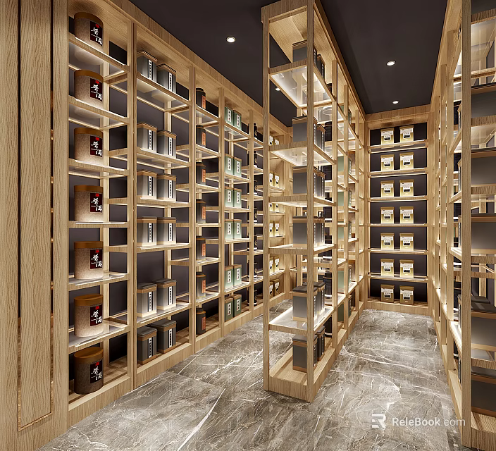Modern Specialty Store Interior With Wooden Shelves Glass Display Cases Marble Floor And Products 3d model 