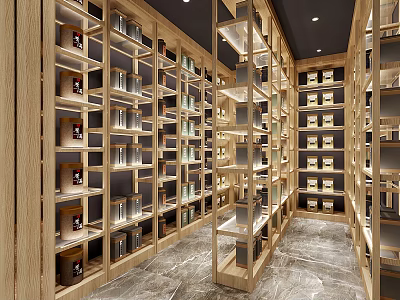 Modern Specialty Store Interior With Wooden Shelves Glass Display Cases Marble Floor And Products 3d model