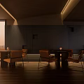 Modern Clubhouse Interior With Arched Structures Dark Wood Floors And Orange Chairs