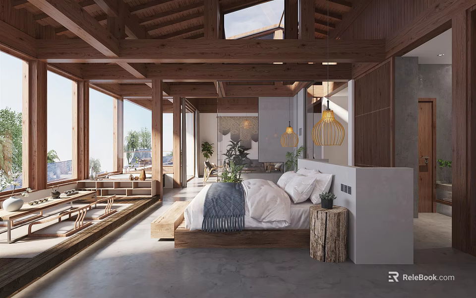 Hotel Guest Room With Wooden Sloped Ceiling Skylight Large Bed And Floor To Ceiling Windows 3d model 