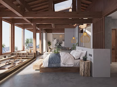 Hotel Guest Room With Wooden Sloped Ceiling Skylight Large Bed And Floor To Ceiling Windows 3d model