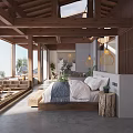 Hotel Guest Room With Wooden Sloped Ceiling Skylight Large Bed And Floor To Ceiling Windows