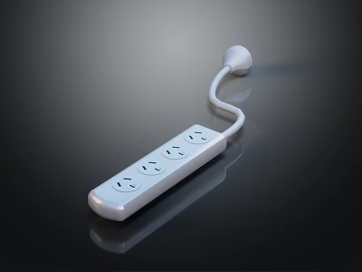 White Power Strip with Multiple Outlets and Curved Cord on Black Reflective Surface 3d model