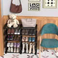 Wooden Table And Blue Chair Set In Entryway With Shoe Rack