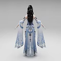 Elegant Traditional Woman In Blue And White Costume With Flowing Sleeves And Intricate Floral Patterns
