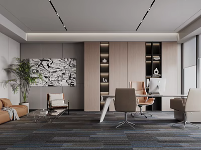 Modern Office Interior With Sofa Area Desk Chairs Potted Plant And Decorative Painting 3d model