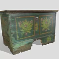Vintage Wooden Storage Cabinet With Green Finish And Floral Painted Patterns