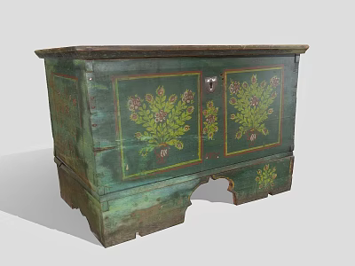 Vintage Wooden Storage Cabinet With Green Finish And Floral Painted Patterns 3d model