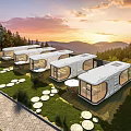 Contemporary Space Capsule Exterior With Green Lawn And Sunset Mountain View