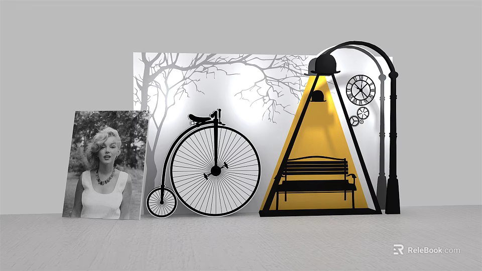 Vintage Themed Decorative Setup With Marilyn Monroe Photo Bicycle Bench And Street Lamp 3d model 