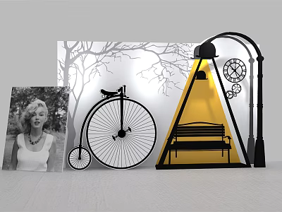 Vintage Themed Decorative Setup With Marilyn Monroe Photo Bicycle Bench And Street Lamp 3d model