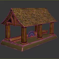 Cartoon Style Wooden Shed With Brown Tiled Roof Wooden Pillars Logs And Black Hedgehog