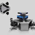 Hexagonal Office Desk With Multiple Blue Screen Monitors And Ergonomic Office Chairs