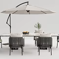 Modern Outdoor Dining Table And Chairs With Cantilever Umbrella Fruit Tray And Plant