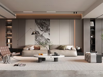 Modern Living Room Interior With Beige Sofa Coffee Table Decorative Art And Floor Lamp 3d model