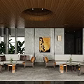Leisure Area Interior With Wooden Ceiling Marble Walls Green Plants Sofas Armchairs And Decorative Painting