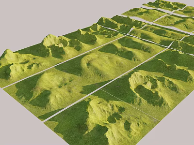 Green Rolling Hills Landscape With Grid Paths And Natural Terrain Features 3d model