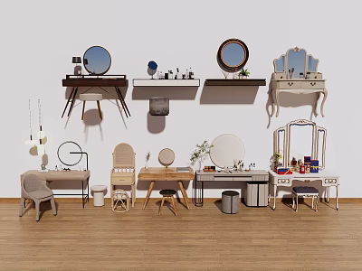 Stylish Dressing Tables With Various Designs Mirrors Chairs And Decorative Accents 3d model